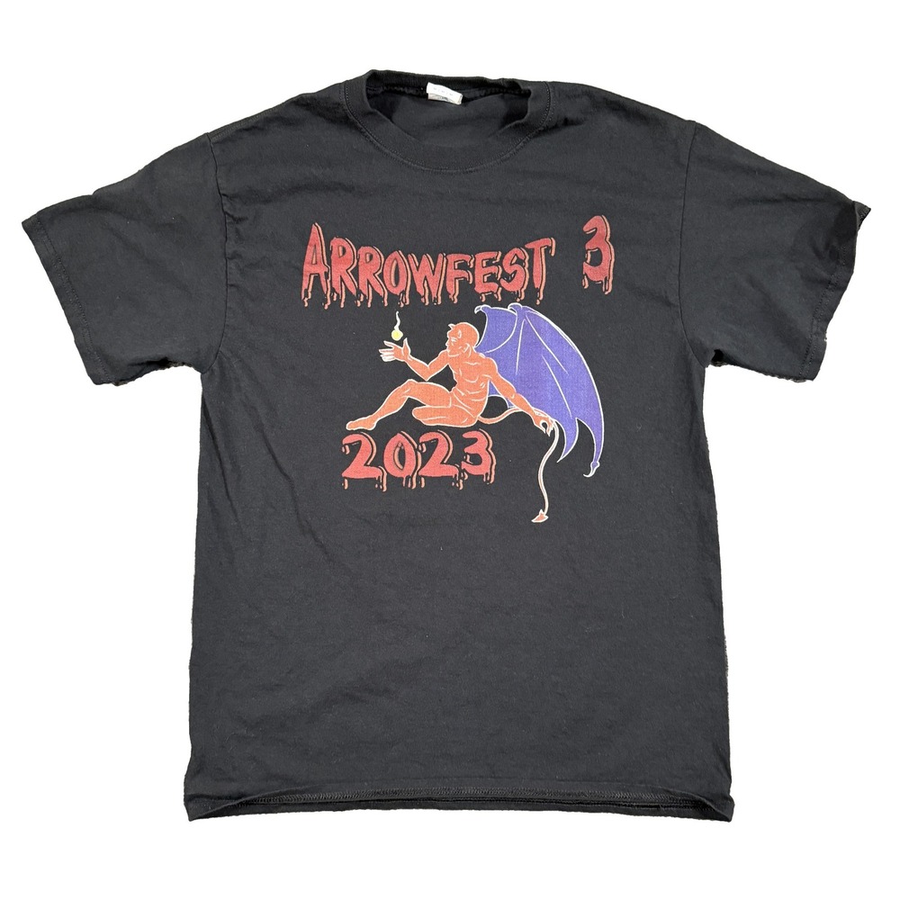 Port & Company Arrowfest 3 2023 Mens Medium Black Graphic T-Shirt Devil Coffin